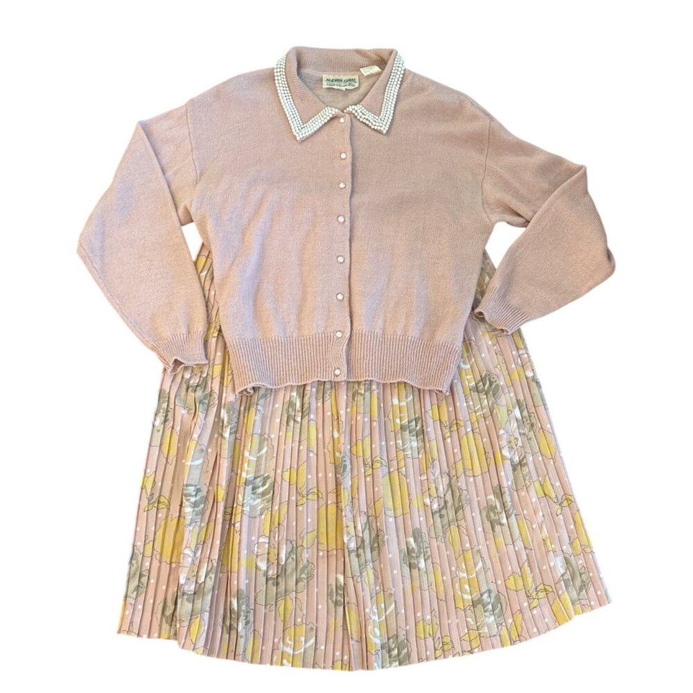 Andrea Gayle Vintage Pink Cardigan & Pleated Skirt Set Large Pearl Collar Floral